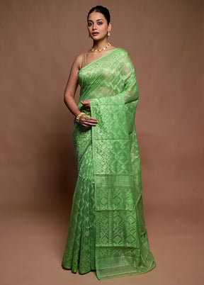 Green Tant Jamdani Saree Without Blouse Piece