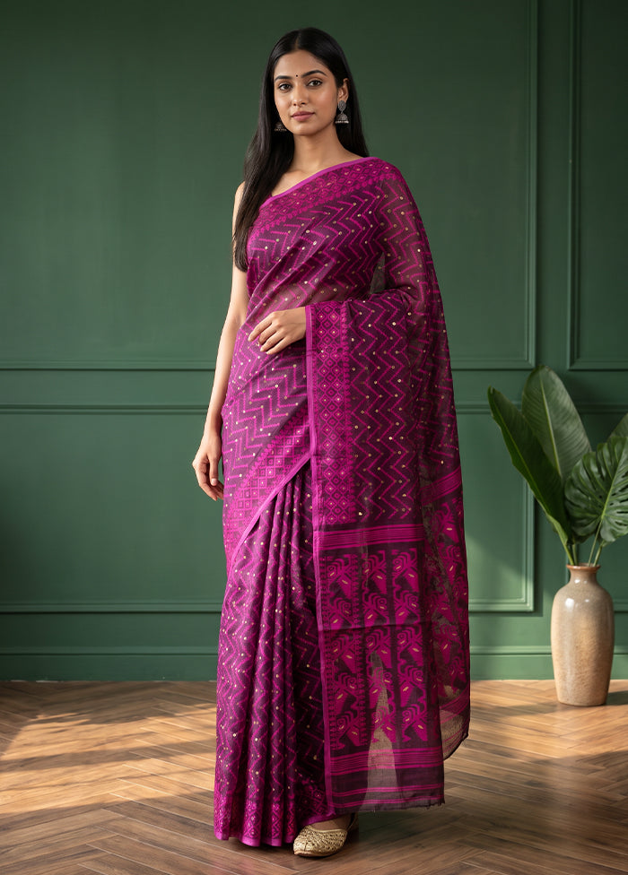 Purple Jamdani Cotton Saree Without Blouse Piece