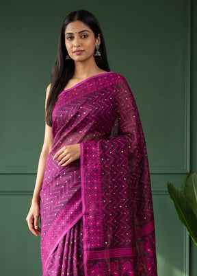 Purple Jamdani Cotton Saree Without Blouse Piece