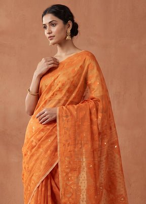 Peach Jamdani Cotton Saree Without Blouse Piece