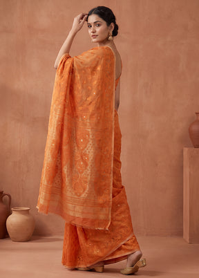 Peach Jamdani Cotton Saree Without Blouse Piece