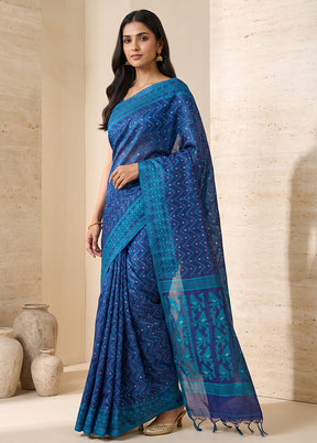 Blue Jamdani Cotton Saree Without Blouse Piece