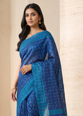 Blue Jamdani Cotton Saree Without Blouse Piece