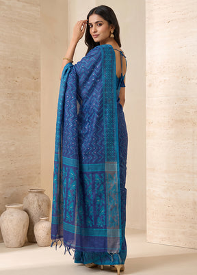 Blue Jamdani Cotton Saree Without Blouse Piece