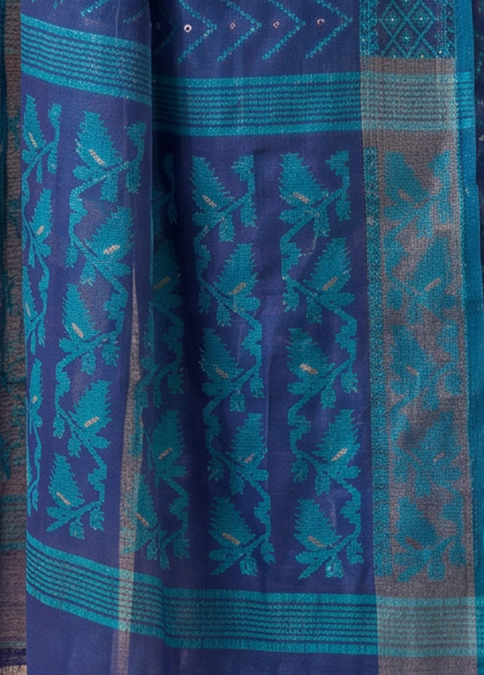 Blue Jamdani Cotton Saree Without Blouse Piece