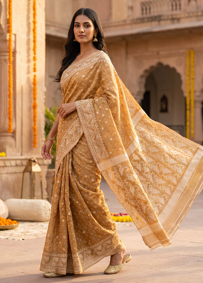 Peach Jamdani Cotton Saree Without Blouse Piece