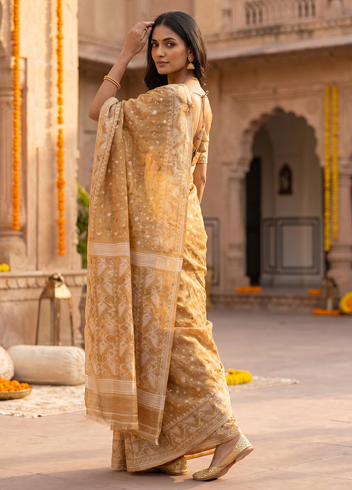 Peach Jamdani Cotton Saree Without Blouse Piece