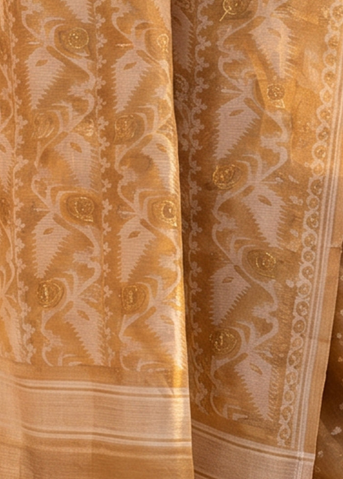 Peach Jamdani Cotton Saree Without Blouse Piece