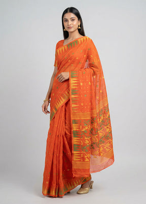 Rust Jamdani Cotton Saree Without Blouse Piece