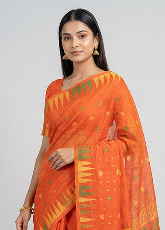 Rust Jamdani Cotton Saree Without Blouse Piece