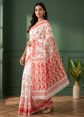 White Jamdani Cotton Saree Without Blouse Piece