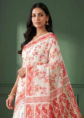 White Jamdani Cotton Saree Without Blouse Piece