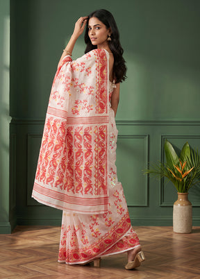 White Jamdani Cotton Saree Without Blouse Piece