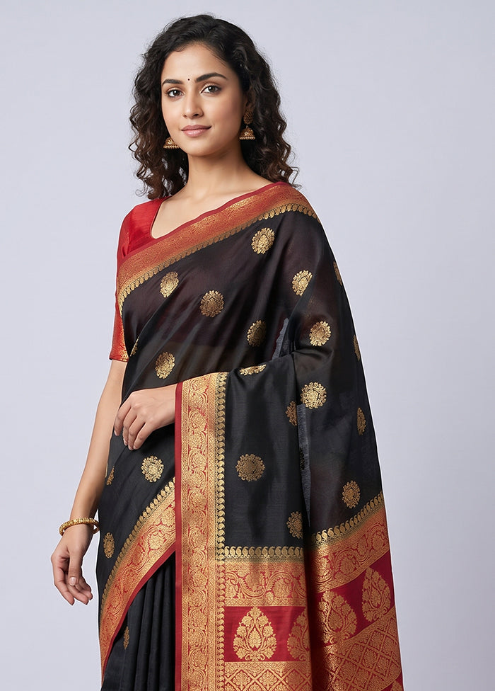 Black Dupion Silk Saree With Blouse Piece