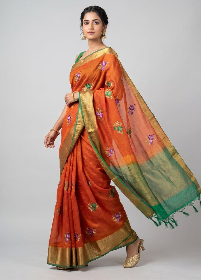 Rust Dupion Silk Saree With Blouse Piece
