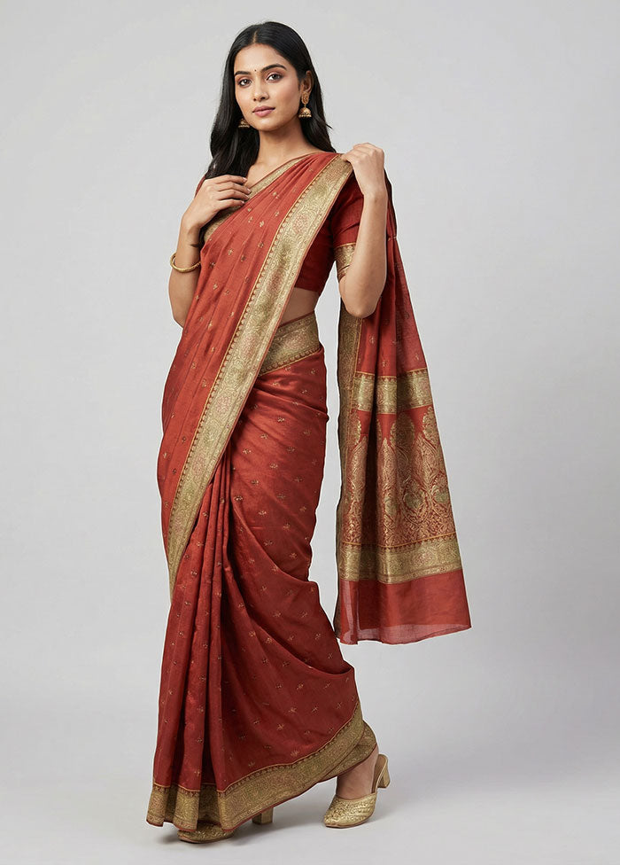 Rust Dupion Silk Saree With Blouse Piece