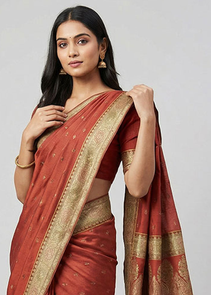 Rust Dupion Silk Saree With Blouse Piece