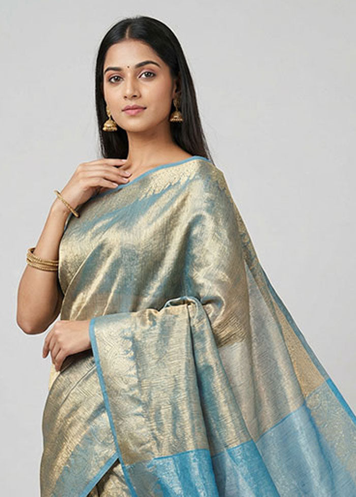 Blue Tissue Silk Saree With Blouse Piece