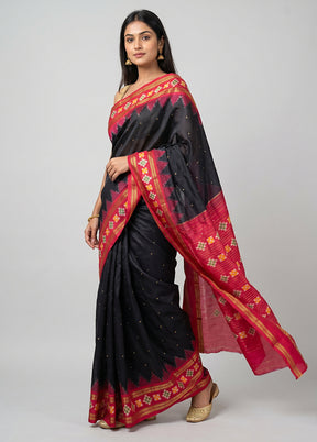 Black Handloom Ikkat Pure Silk Saree With Blouse Piece