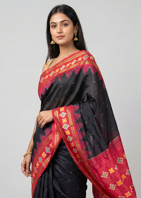 Black Handloom Ikkat Pure Silk Saree With Blouse Piece