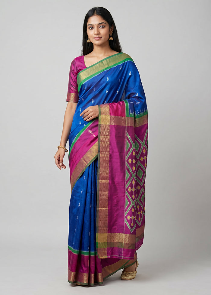 Blue Handloom Ikkat Pure Silk Saree With Blouse Piece
