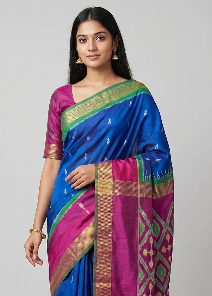 Blue Handloom Ikkat Pure Silk Saree With Blouse Piece