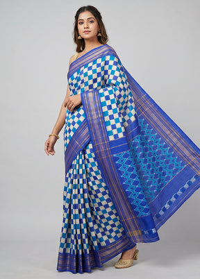 White Handloom Ikkat Pure Silk Saree With Blouse Piece