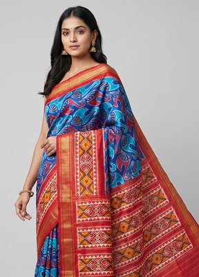 Blue Handloom Ikkat Pure Silk Saree With Blouse Piece
