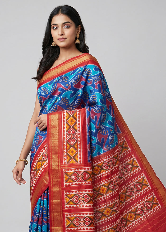 Blue Handloom Ikkat Pure Silk Saree With Blouse Piece