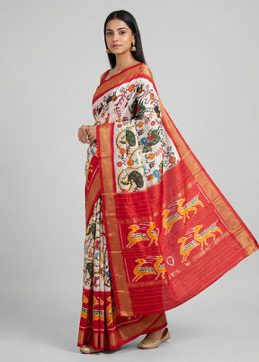 Cream Handloom Ikkat Pure Silk Saree With Blouse Piece