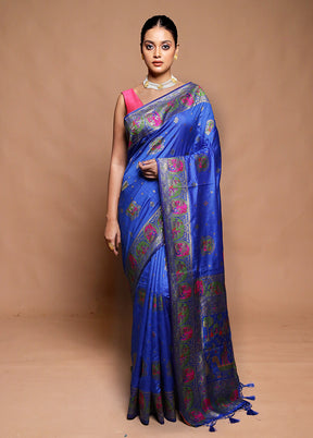 Blue Dupion Silk Saree With Blouse Piece