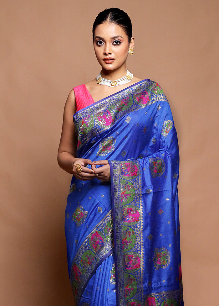 Blue Dupion Silk Saree With Blouse Piece