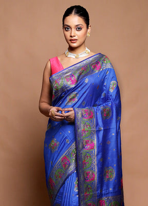 Blue Dupion Silk Saree With Blouse Piece