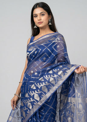 Blue Organza Saree With Blouse Piece