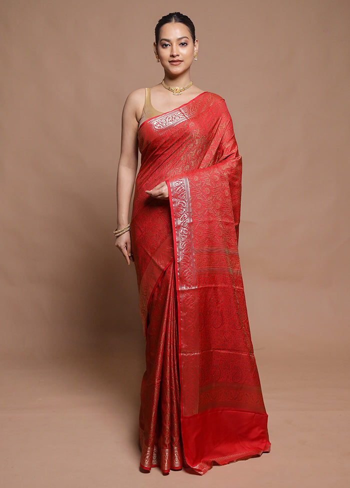 Red Jamewar Silk Saree With Blouse Piece