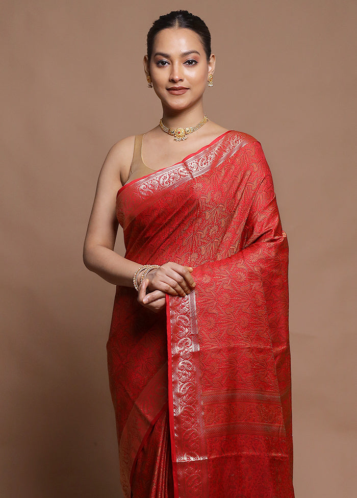 Red Jamewar Silk Saree With Blouse Piece
