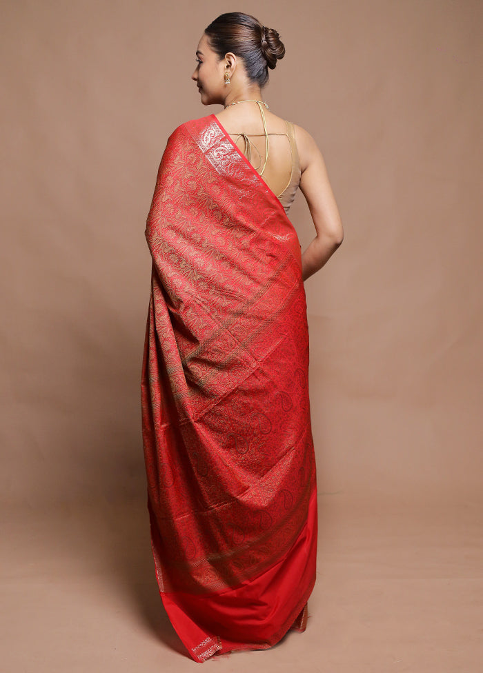 Red Jamewar Silk Saree With Blouse Piece