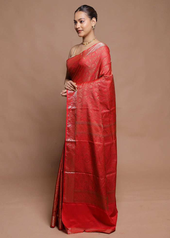 Red Jamewar Silk Saree With Blouse Piece