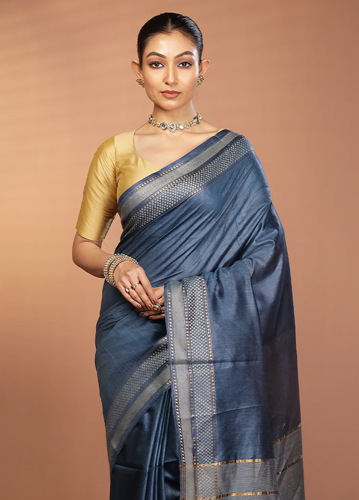 Blue Tussar Silk Saree With Blouse Piece