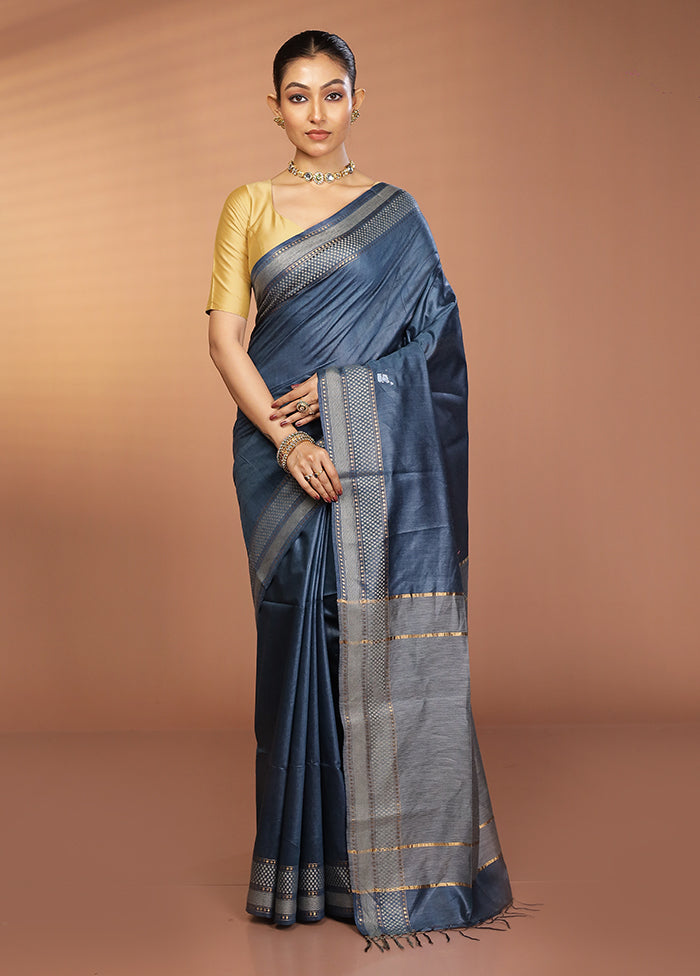 Blue Tussar Silk Saree With Blouse Piece