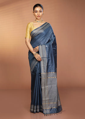 Blue Tussar Silk Saree With Blouse Piece