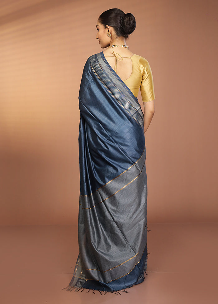Blue Tussar Silk Saree With Blouse Piece