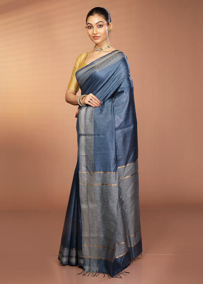 Blue Tussar Silk Saree With Blouse Piece