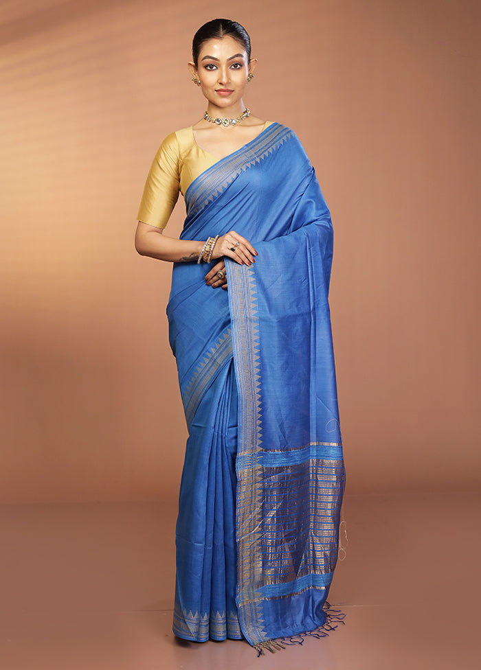 Blue Handloom Tussar Pure Silk Saree With Blouse Piece