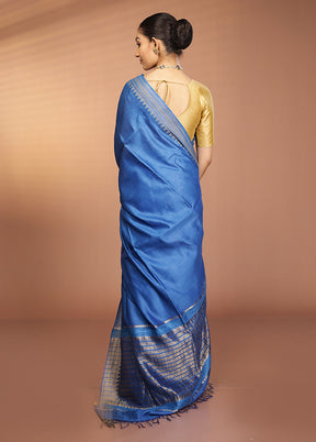 Blue Handloom Tussar Pure Silk Saree With Blouse Piece