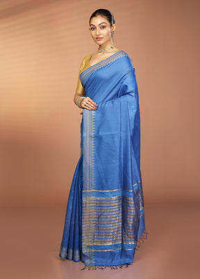 Blue Handloom Tussar Pure Silk Saree With Blouse Piece