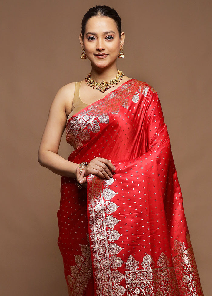 Red Banarasi Silk Saree With Blouse Piece