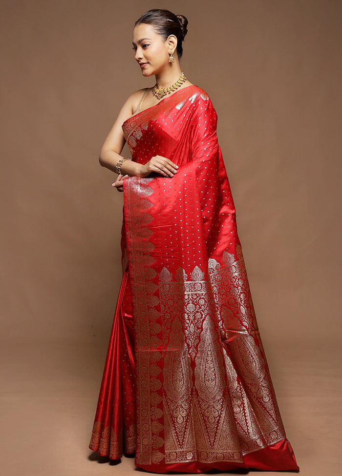 Red Banarasi Silk Saree With Blouse Piece