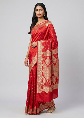 Red Banarasi Silk Saree With Blouse Piece