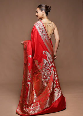 Red Handloom Banarasi Pure Silk Saree With Blouse Piece